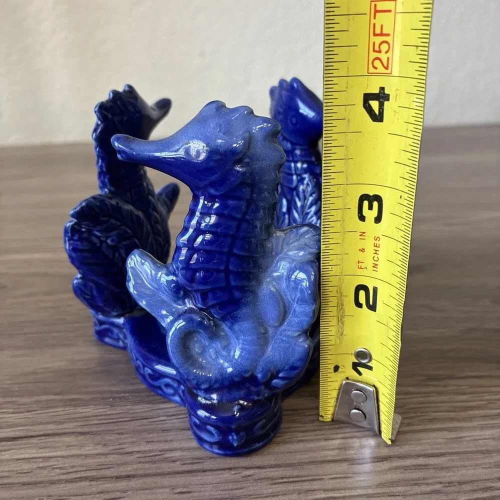 VTG Cobalt Blue Glazed Ceramic Tea/ Votive Candle Holder, 3 Seahorses, Coastal